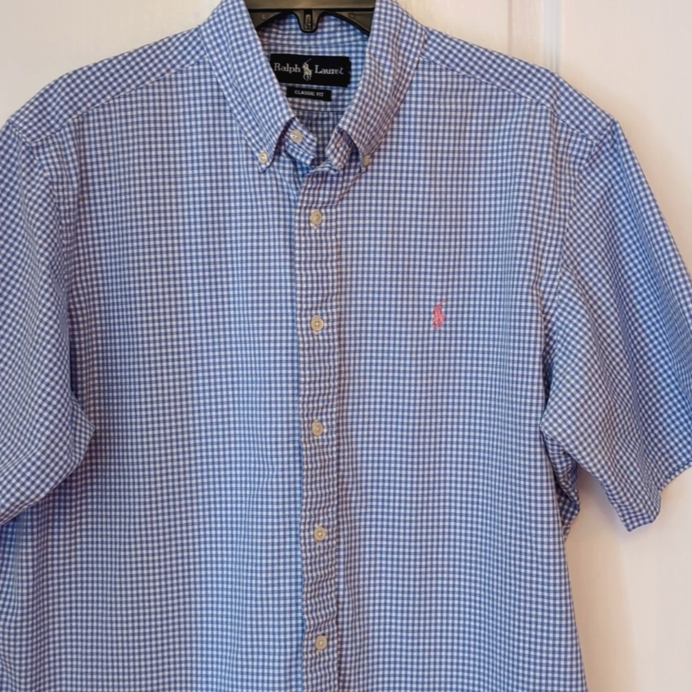 Ralph Lauren Blue/White Gingham Check Classic Fit Short Sleeve Shirt. Size XL.